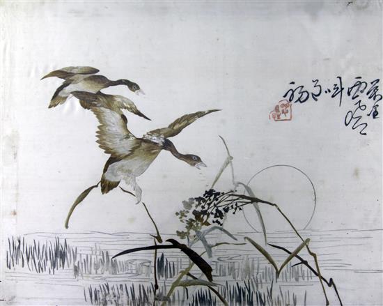 Two pairs of Chinese panels & a picture of geese, first half 20th century, 19cm - 47cm